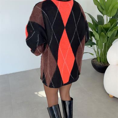 Siyah-Neon Oranj Baklava Desen Hırka