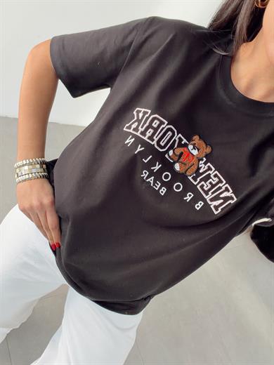 Siyah Ny Teddy Nakışlı Bisiklet Yaka Tshirt