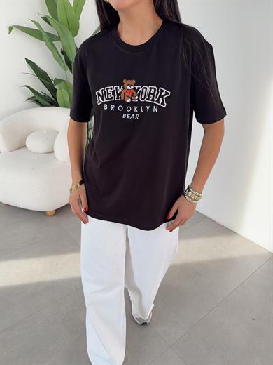 Siyah Ny Teddy Nakışlı Bisiklet Yaka Tshirt