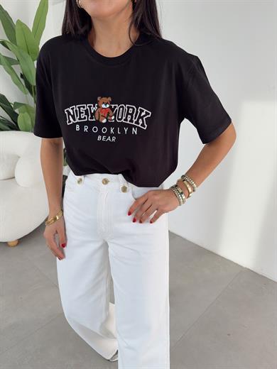 Siyah Ny Teddy Nakışlı Bisiklet Yaka Tshirt