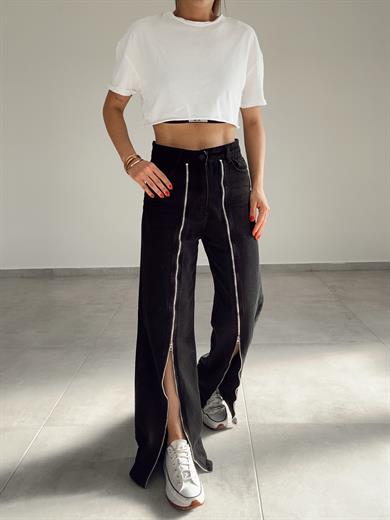 Siyah Önden Fermuar Çimalı Pantolon