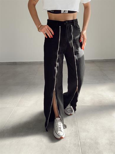 Siyah Önden Fermuar Çimalı Pantolon