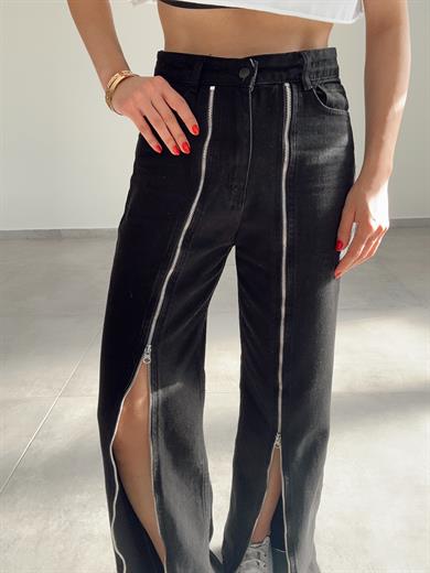 Siyah Önden Fermuar Çimalı Pantolon