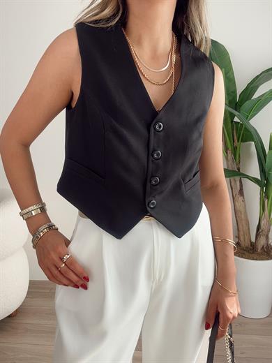 Siyah Önü Düğmeli Kısa Yelek