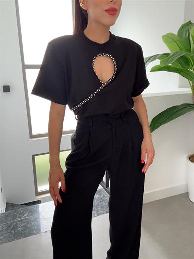 Siyah Önü Taş İşlemeli Tshirt