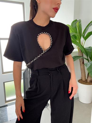 Siyah Önü Taş İşlemeli Tshirt