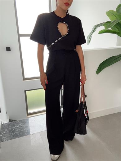 Siyah Önü Taş İşlemeli Tshirt