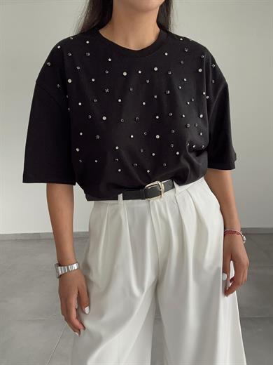 Siyah Önü Taşlı Tshirt