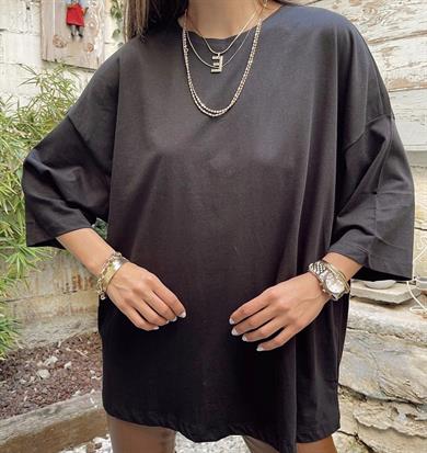 Siyah Oversize Düşük Omuzlu Tişört