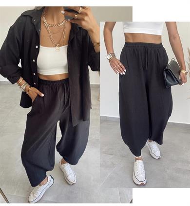 Siyah Oversize Keten Gömlek