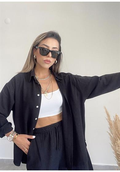 Siyah Oversize Keten Gömlek