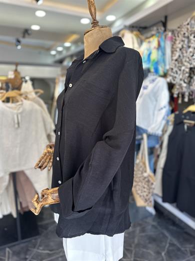 Siyah Oversize Keten Gömlek