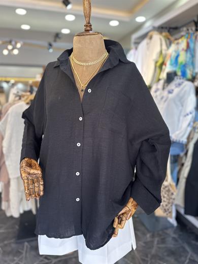 Siyah Oversize Keten Gömlek