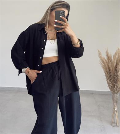 Siyah Oversize Keten Gömlek