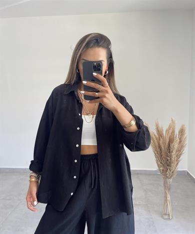Siyah Oversize Keten Gömlek