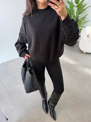 Siyah Oversize Taşlı Sweatshirt