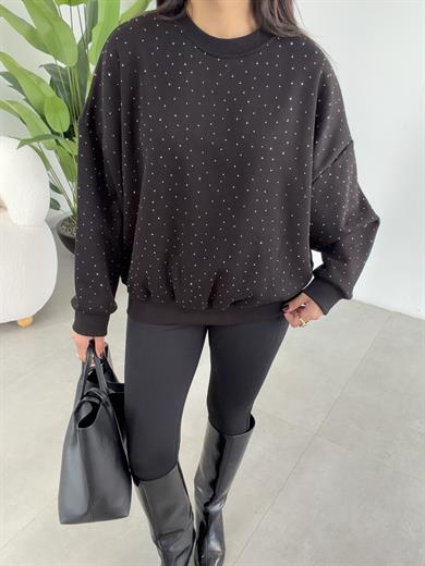 Siyah Oversize Taşlı Sweatshirt