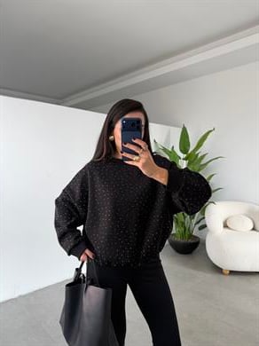 Siyah Oversize Taşlı Sweatshirt