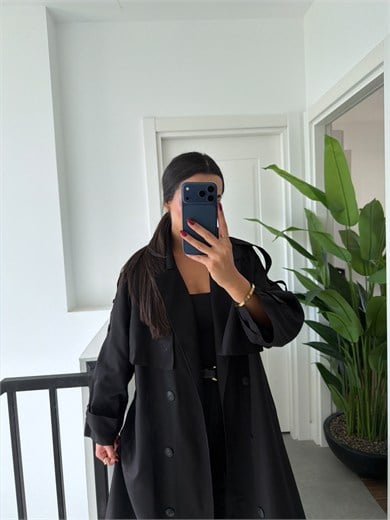 Siyah Oversize Uzun Trençkot