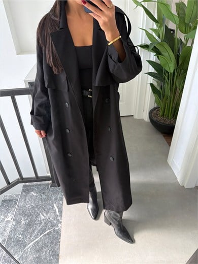 Siyah Oversize Uzun Trençkot