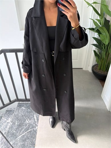 Siyah Oversize Uzun Trençkot