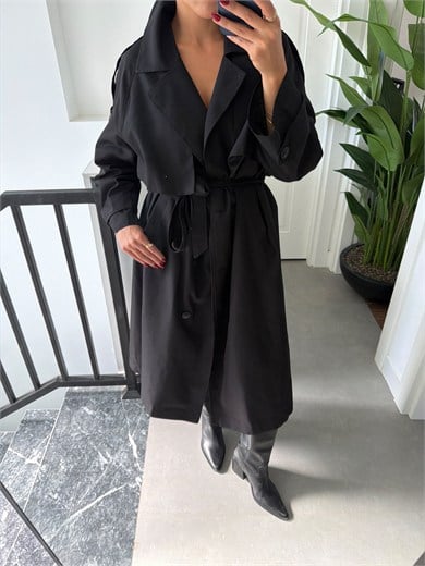 Siyah Oversize Uzun Trençkot