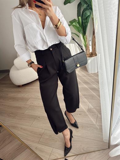 Siyah Paça Düğme Pantolon