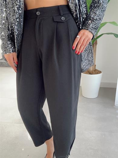 Siyah Paça Düğmeli Beli Düğmeli Pantolon