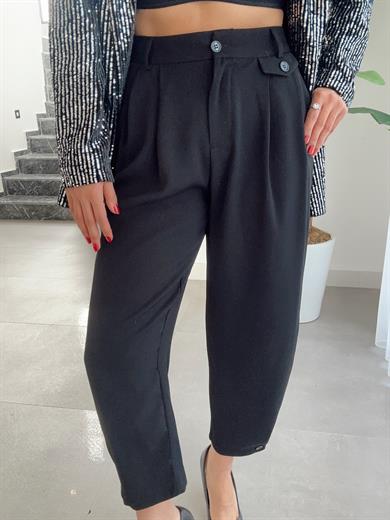 Siyah Paça Düğmeli Beli Düğmeli Pantolon