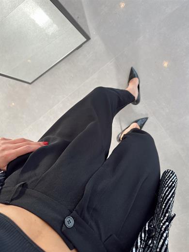 Siyah Paça Düğmeli Beli Düğmeli Pantolon