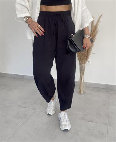 Siyah Paça Pilili Keten Pantolon