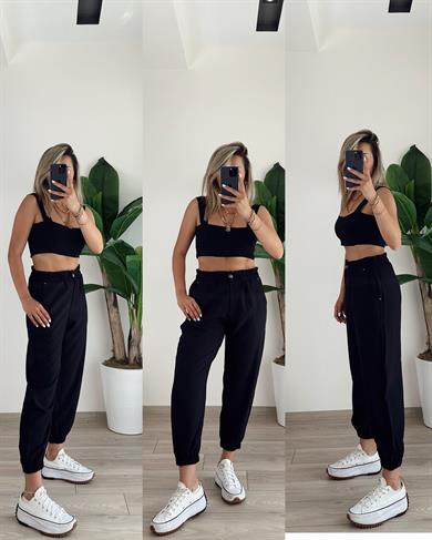 Siyah Paçası Lastikli Pantolon