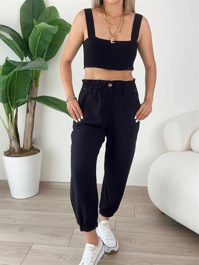 Siyah Paçası Lastikli Pantolon