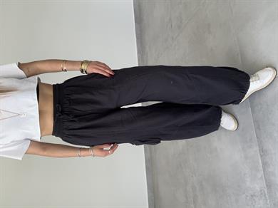 Siyah Paçası Lastikli Salaş Keten Pantolon