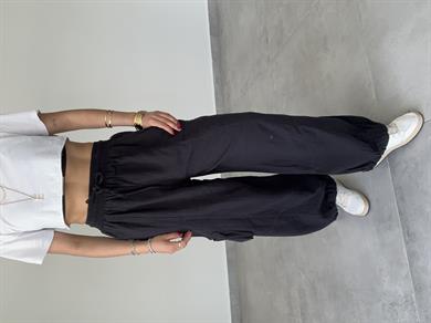 Siyah Paçası Lastikli Salaş Keten Pantolon