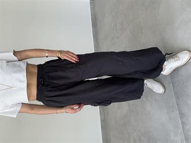 Siyah Paçası Lastikli Salaş Keten Pantolon