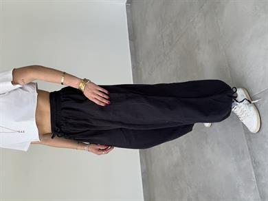 Siyah Paçası Lastikli Salaş Keten Pantolon