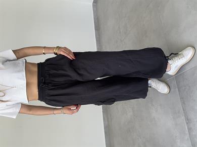 Siyah Paçası Lastikli Salaş Keten Pantolon