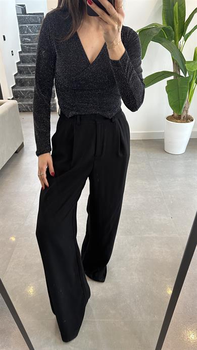 Siyah Parlak Kruvaze Bluz