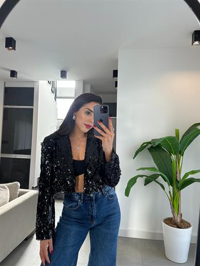 Siyah Payetli Kısa Blazer Ceket