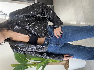 Siyah Payetli Kısa Blazer Ceket