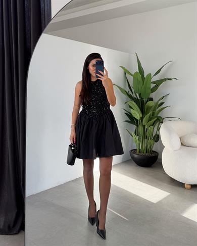 Siyah Payetli Mini Elbise