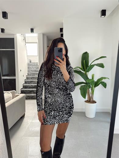 Siyah Payetli Strec Elbise