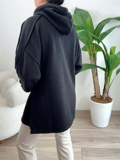 Siyah Pis Dikiş Kapüşonlu Sweat