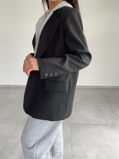Siyah Poliviskon Kapşonlu Blazer Ceket