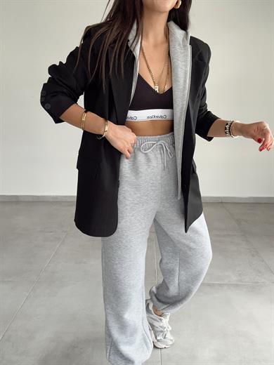 Siyah Poliviskon Kapşonlu Blazer Ceket