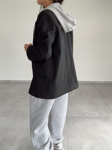 Siyah Poliviskon Kapşonlu Blazer Ceket