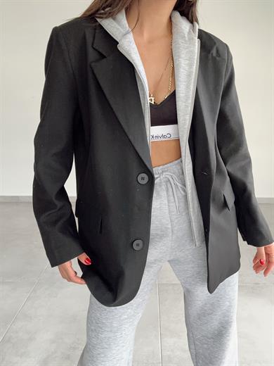 Siyah Poliviskon Kapşonlu Blazer Ceket