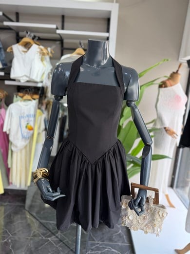 Siyah Poplin Kumaş Halter Yaka Elbise