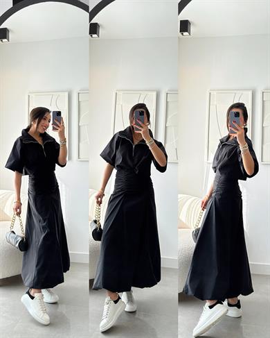 Siyah Poplin Önden Yarım Fermuarlı Bluz